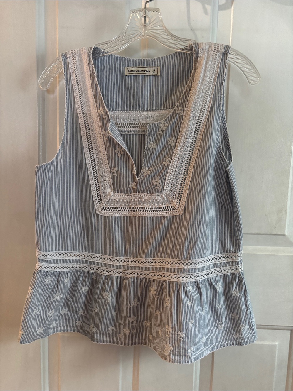 Abercrombie & Fitch Light Blue and White Striped Lace-Trim Peplum Tank